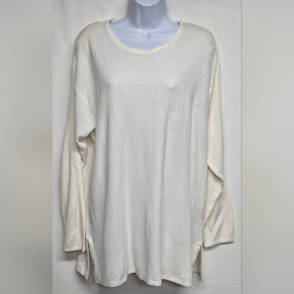 Kathie Lee XL Ribbed Knit Sweater Long Sleeve Cream Scoop Neck Longer Length